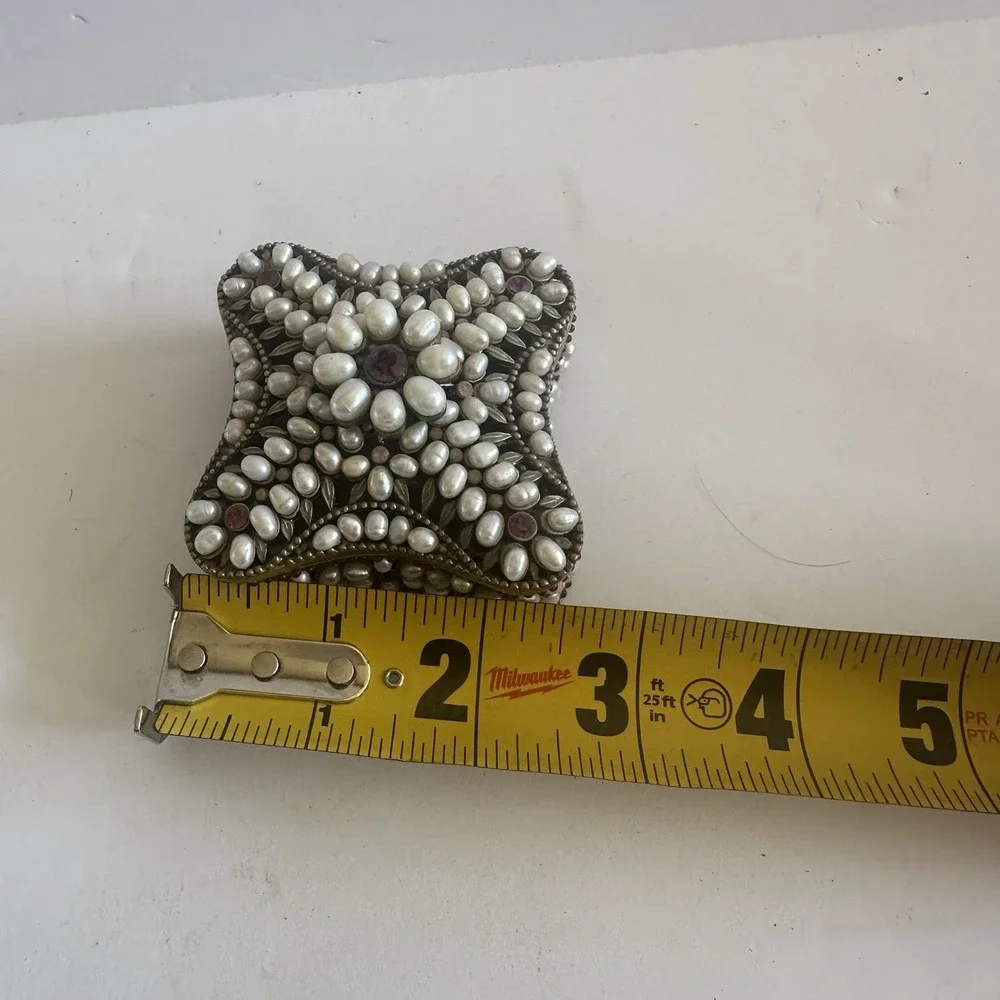 Vintage Pearl‎ & Rhinestone Encrusted Metal Trinket Box 2.5